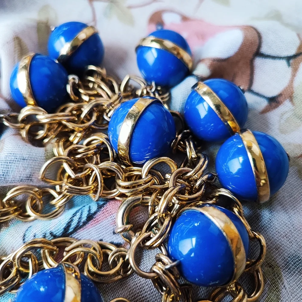 J. Crew Blue Balls Bauble Heavy Gold Tone Gumball Beaded Bands Beads Necklace